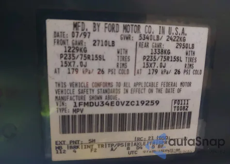 1997 Ford Explorer Eddie Bauer/Limited/Xl/Xlt from USA, damaged, VIN 1FMDU34E0VZC19259